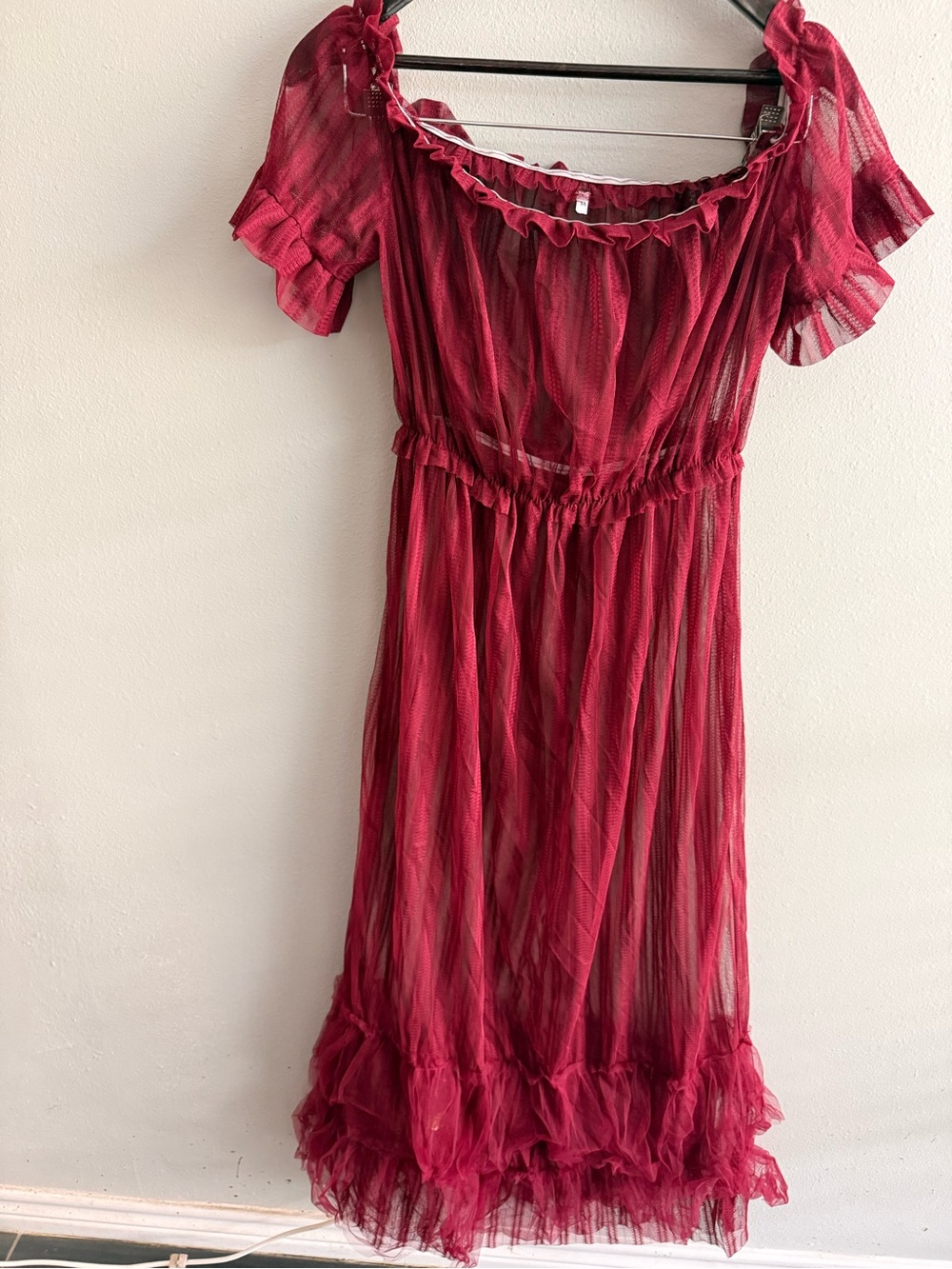 Sheer Ruffle Maxi Dress in Burgundy Red